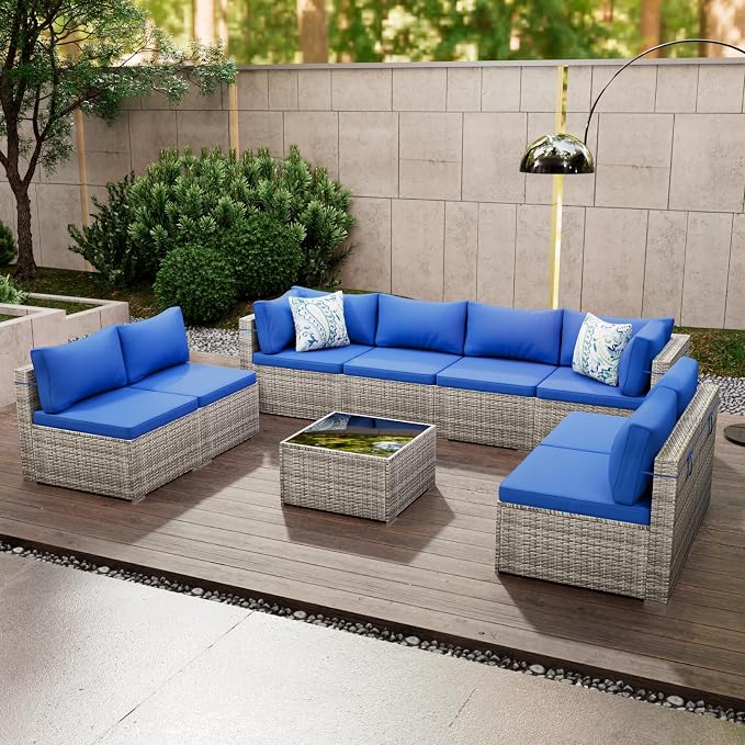 Tradare 9 Piece Patio Furniture Set, Outdoor Wicker Patio Sofa Set, PE Rattan Sectional Couch with Glass Table and Blue Cushions, All-Weather 9 Piece Outdoor Patio Furniture Sets, Grey
