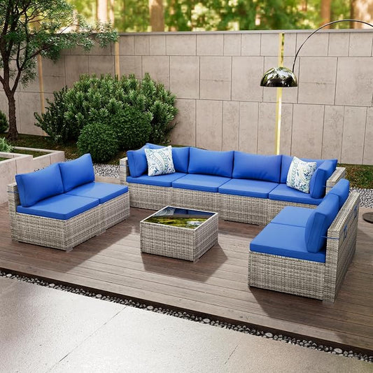 Tradare 9 Piece Patio Furniture Set, Outdoor Wicker Patio Sofa Set, PE Rattan Sectional Couch with Glass Table and Blue Cushions, All-Weather 9 Piece Outdoor Patio Furniture Sets, Grey