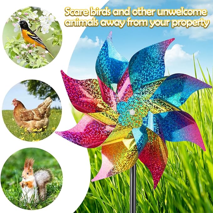 Hausse 10 Pack Reflective Pinwheels Wind Spinner (Assembly Required), Extra Sparkly Rainbow Pinwheel with Stakes, Bird Repellent Blinder Devices Scare Birds Away from Yard Patio Farm Garden, Colorful