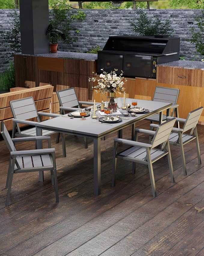7-Piece Outdoor Dining Set with 11FT Umbrella,Grey | HDPE table, chairs included, aluminum frame, 2" hole design, weather-resistant furniture, perfect for backyard, deck, garden