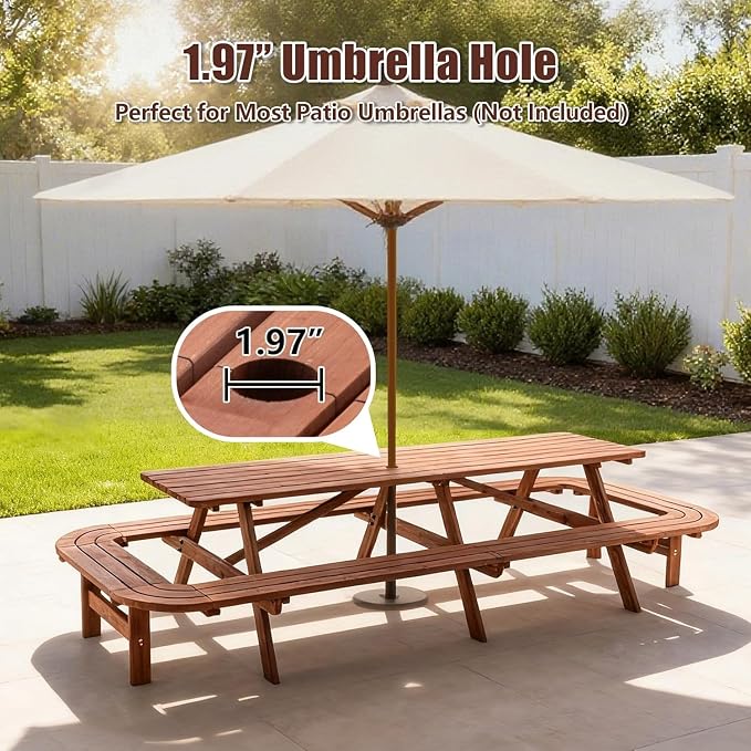 14-16 Person Wood Picnic Table with Attached Benches & Umbrella Hole,Rectangle Brown Outdoor Wooden Dining Table & Chairs for Patio Yard Garden Porch Deck