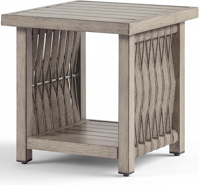 Outdoor Side Table, Aluminum Square Patio Side Table, 2-Tier Rope Weave Outdoor End Table with Adjustable Legs, Never-Rust Patio Table Outside Furniture for Garden, Pool, Beach, Deck, Gray Oak