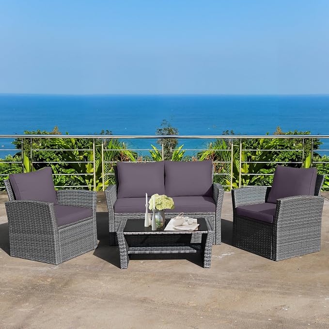 Tangkula 4 Pieces Patio Furniture Set, All Weather Outdoor Sectional Rattan Sofa Set with Cushions & Tempered Glass Table, Wicker Conversation Couch Set for Backyard Garden Poolside