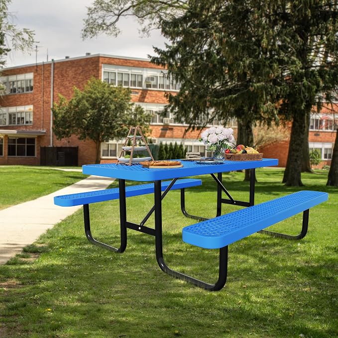 Picnic Tables for Outdoors,Commercial Metal Picnic Table Bench Set with Umbrella Hole,School Canteen Tables W/Seats - Heavy Duty Sturdy Picnic Tables Furniture for Patio Garden (Blue, 6FT)
