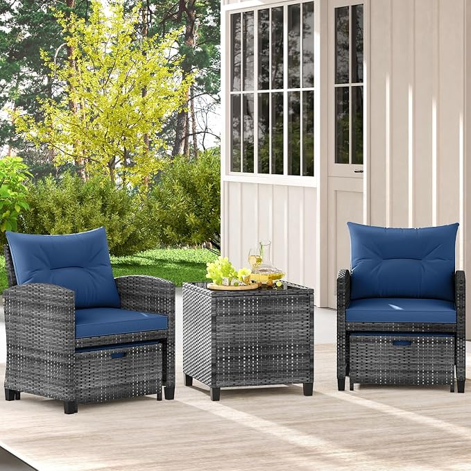 HAPPYGRILL 5-Piece Outdoor PE Rattan Conversation Set, Wicker Patio Furniture Set with Cushion, Ottoman & Coffee Table for Backyard Garden Poolside Lawn Deck Porch (Mix Grey & Navy)