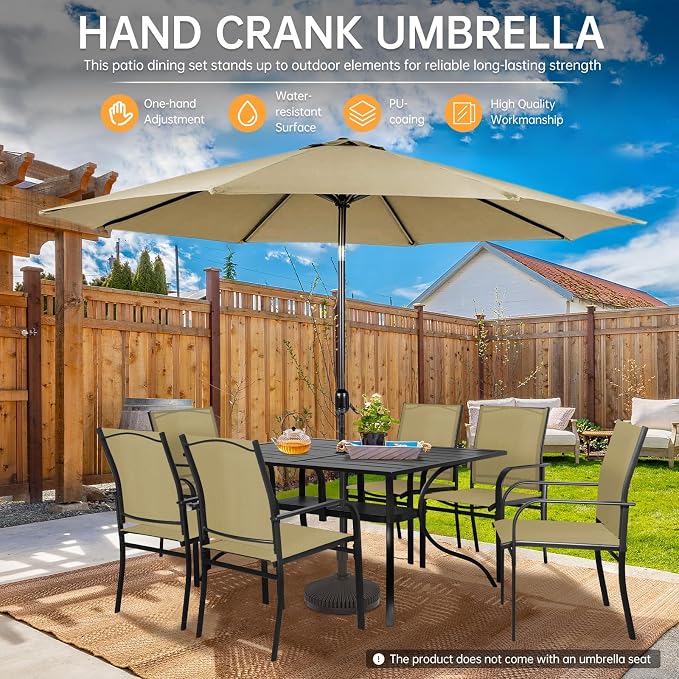 SUNCROWN 8 - Piece Outdoor Dining Set, Patio Furniture Set with 6 Textilene Dinning Chairs, 1 Rectangle Metal Table and 1 Brown 9Ft Patio Umbrella for Lawn Garden Backyard Deck, Brown