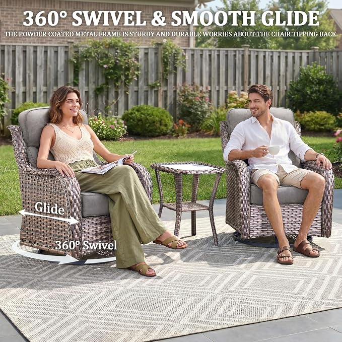 Luxury Swivel Rocker Chairs Fire Pit Set with 6" Thick Cushion 8 piece Wicker Outdoor Patio Chair with Sofa and Side Table,Comfortable High Back Outdoor Patio Furniture Set - Brown | Gery
