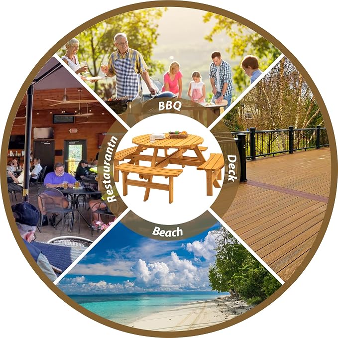 8 Person Picnic Table Round Outdoor Dining Table with Umbrella Hole,4 Built-in Benches,Wooden Outside Picnic Tables and Bench Set for Garden,Patio, Backyard,2220LBS Total Capacity,Natural