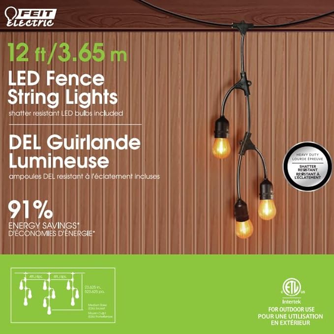 Feit Electric 12ft LED Outdoor Fence String Lights, 10 Sockets, 12pc. S14 LED Bulbs Included, E26 Base, 10 Watts, 2200K, Amber, SLM12-10/FIL