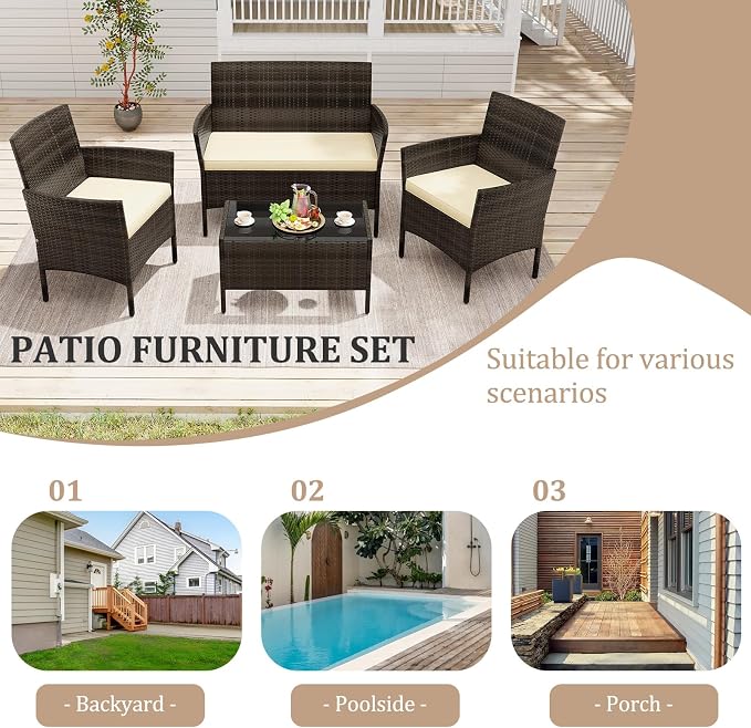 4 Piece Patio Furniture Set, Sectional Conversation Sofa Set with Glass Coffee Table, Cushions & Loveseat, Wicker Outdoor Table and Chairs for Pool, Garden, Deck, Backyard (2, Beige)