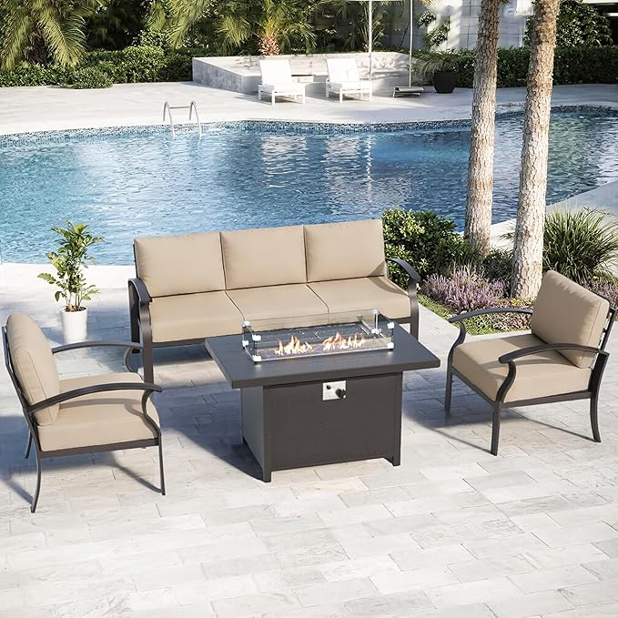 ALAULM Aluminum Patio Furniture Set with Propane Fire Pit Table 5-seat Metal Outdoor Furniture w/Fire Pit Sectional Sofas w/5.1" Cushions for Patio, Backyard, Poolside-Sand