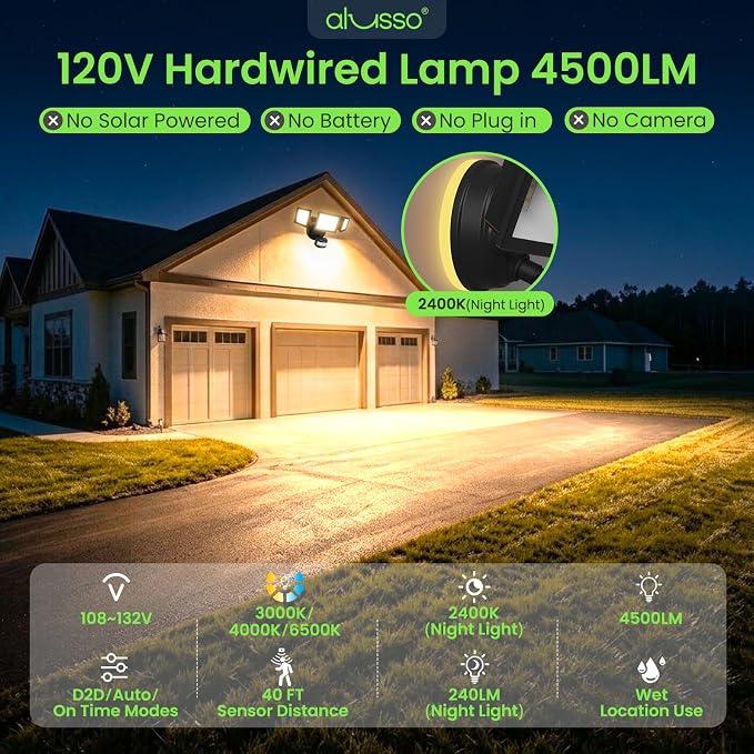 ALUSSO Motion Sensor Outdoor Lights , 40W 4500LM Flood Lights Outdoor 120V | Night Light 2400K/3000K/4000K/6500K 3 Modes (Dusk to Dawn/Auto/On Time), Waterproof Hardwired Security Light ETL Listed, 1PC