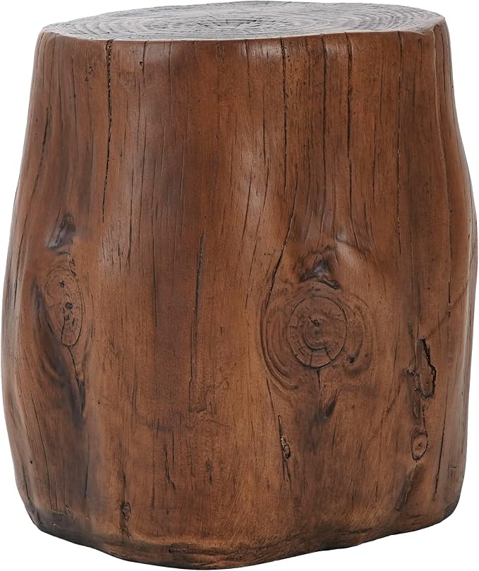 GDFStudio Realistic Tree Stump Side Table, Lightweight Concrete End Table for Indoor & Outdoor, Rustic Wood-Look Stool, Multi-Purpose Plant Stand, Weather-Resistant Accent Table, Dark Brown+Wood