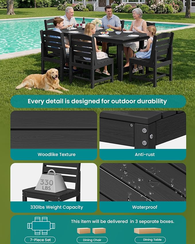 SERWALL 7-Pc HDPE Patio Dining Set, 1 Table & 6 Armless Chairs, Black | HDPE Outdoor Dining Set with Rectangular Table & 6 Armless Chairs, All-Weather Resistant SERWALL Dining Set for 6
