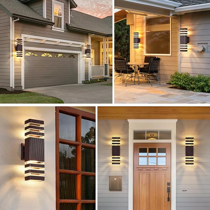 DASTOR Up and Down Outdoor Wall Lights, 3-Layer Brown Modern Outdoor Lights for House, Waterproof Exterior Light Fixture Wall Mount Outdoor Lighting for Porch Garage, 2 Pack