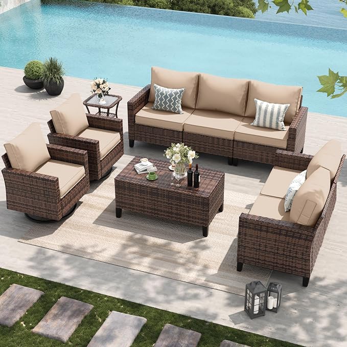 Amopatio Patio Furniture Set, Wicker Outdoor Sectional Sofa with Swivel Rocker Chairs, All-Weather Rattan Conversation Set, Storage Coffee Table, Waterproof Cover for Backyard, Deck Brown/Khak 6 PCS