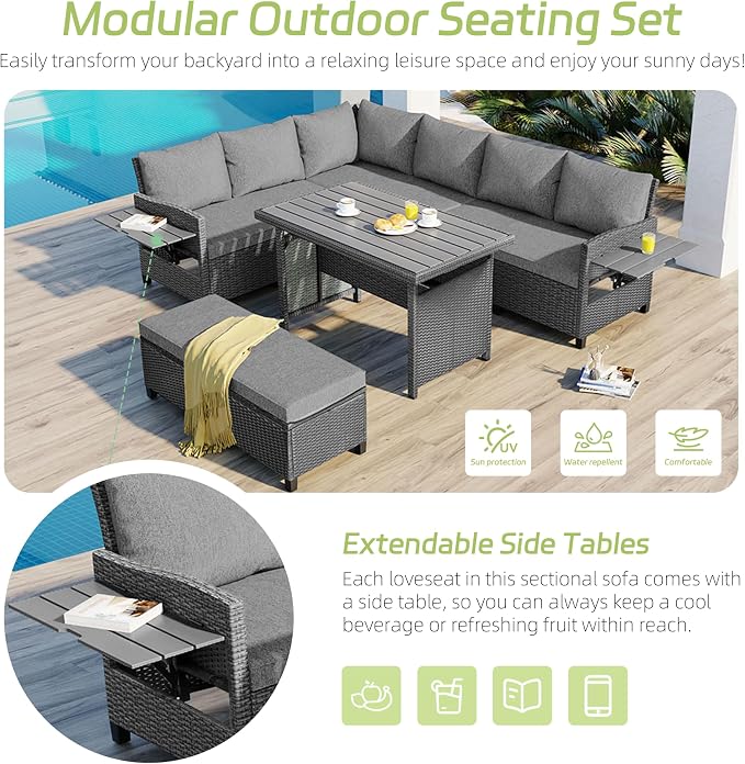 Polibi 5-Piece Outdoor Sectional Conversation Set Sofa, Rattan Wicker L-Shaped Patio Furniture Sets with 2 Extendable Side Tables, Patio Dining Table,Patio Benches for Outdoors,Grey