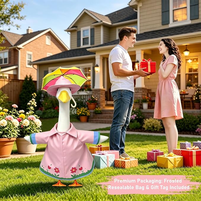 3 Pcs/Set Floral Raincoat Porch Goose Outfits: Pink Lawn Goose Statue Rain Coat Costume with Umbrella Hat - Spring Yard Goose Clothes for 23 Inch Goose Statue - Patio Garden Porch Lawn Outdoor Decor