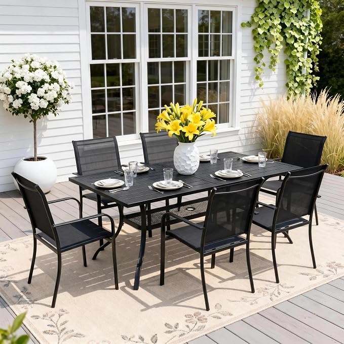 Crownland 7 Piece Patio Dining Set, Outdoor Textilene Dining Sets, 6 Textilene Metal Chairs and Rectangular Outdoor Dining Table with 1.57" Umbrella Hole,Black