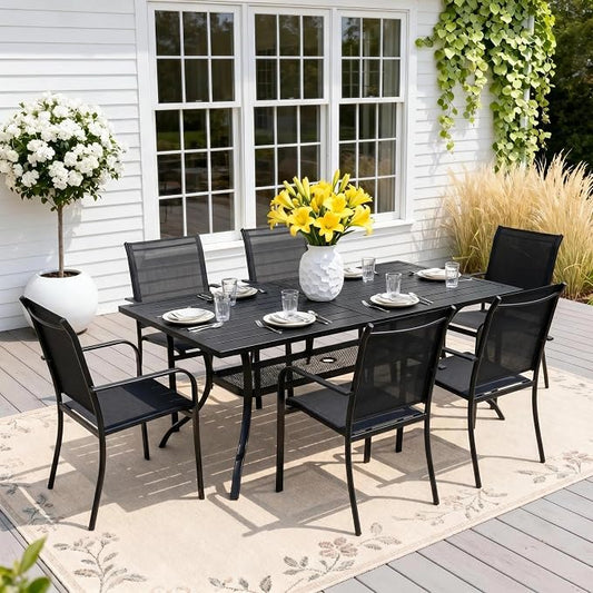 Crownland 7 Piece Patio Dining Set, Outdoor Textilene Dining Sets, 6 Textilene Metal Chairs and Rectangular Outdoor Dining Table with 1.57" Umbrella Hole,Black