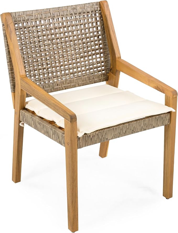 Christopher Knight Home Samma Acacia Wood Outdoor Dining Set for 6, Patio Dining Table Set for 6, Outdoor Dining Table and Sled Base, Dining Chairs with Cushion + Wicker Backrest, Teak+Brown+Cream