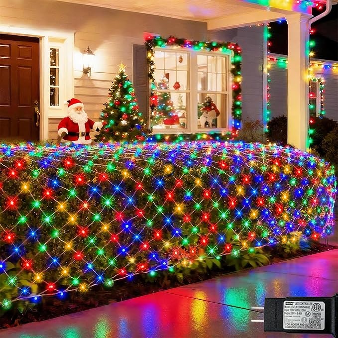 Pooqla Colorful Net Lights, 15x 5ft Christmas Lights Outdoor Green Wire | 300 LED Large Net Mesh Lights Plug in, 8 Modes Waterproof Connectable Multicolor Bushes Lights for Christmas Hedge Yard Decor
