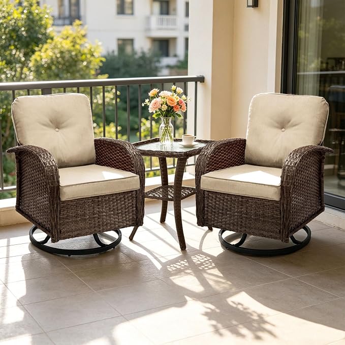 SHGJ&SOFT All Weather Patio Furniture Set, High Back Swivel Rocker Glider Chairs，Ottomans & Glass Tables, Outdoor Conversation Set for Deck Porch Yard Poolside (Brown, 3PCS-Swivle Chairs&Table)