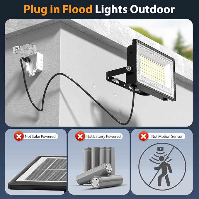 Onforu 80W Flood Lights Outdoor,8000lm Bright LED Work Light with Plug,Daylight White LED Flood Lighting, IP66 Waterproof Security Yard Lights for Garage Stadium 2 Pack