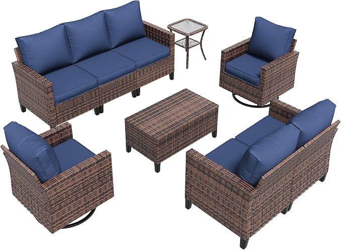 Amopatio Patio Furniture Set, Wicker Outdoor Sectional Sofa with Swivel Rocker Chairs, All-Weather Rattan Conversation Set, Storage Coffee Table, Waterproof Cover for Backyard, Deck Brown/Navy 6 PCS