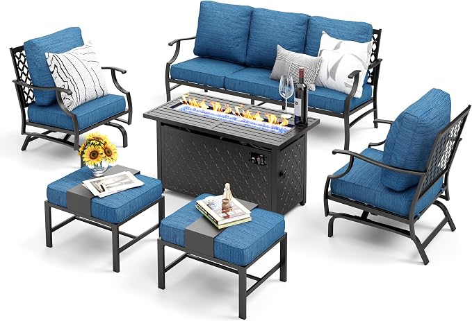 MIXPATIO Patio Furniture Set, 6 Pcs Metal Outdoor Conversation Set, 2 Rocker Chairs, 2 Ottomans and 3 Seater Sofa with 5.75" Extra Thick Cushion and Gas Fire Pit Table, Gemstone Blue