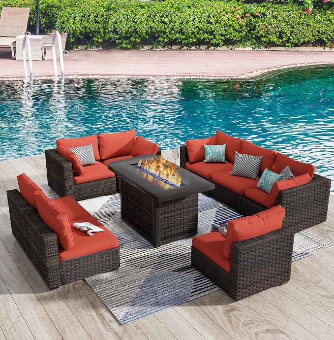 Grezone 9 Piece Patio Furniture Set with 44" Fire Pit Table, Outdoor Sectional Couch, PE Rattan Patio Conversation Sets with 4inch Cushions for Backyard Red