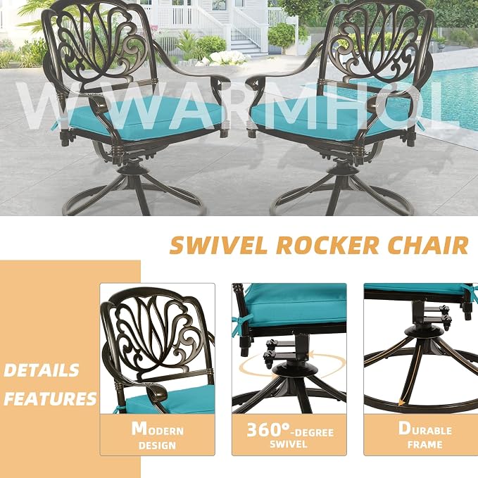 9-Piece Patio Dining Set, Outdoor Patio Table and Chair Set of 84” Oval Cast Aluminum Dining Table with Umbrella Hole, 6 Stationary, 2 Swivel Rocker Chairs, Patio Funiture Set, Blue