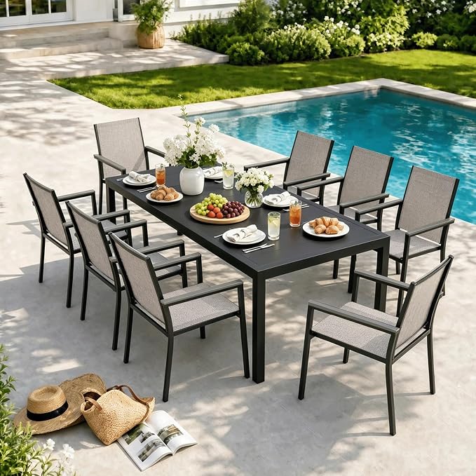 MEOOEM Expandable Outdoor Dining Set for 8, Extendable 9 Piece Outdoor Dining Table Set 450LBS Heavy Duty, Comfortable Highback Wide Deep Seat 8 Person Patio Dining Set for Outside, Backyard, Grey