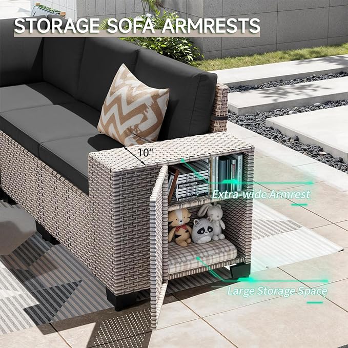 15-Piece Outdoor Patio Furniture Set, Modular Sectional Sofa Set with Swivel Rocker Chairs, Wicker Outdoor Couch Conversation Sets w/Coffee Table and Cushions, Black