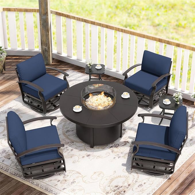 ALAULM Aluminum Patio Furniture Set with Coffee Table Rectangular, 5-seat Outdoor Sectional Furniture w/2 Swivel Chairs, Patio Conversation Set for Porch, Backyard, Dark Blue