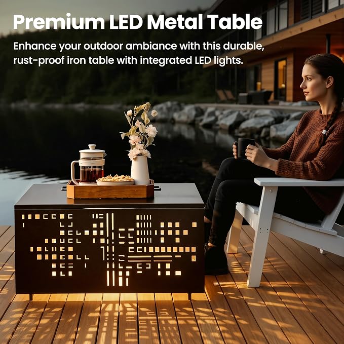 ovios 27" Outdoor Coffee Table with Solar Light, Patio Metal Table with Umbrella Hole and Cut-Out Design, Weatherproof Square Side Tables for Deck Porch Balcony Garden Backyard, Black
