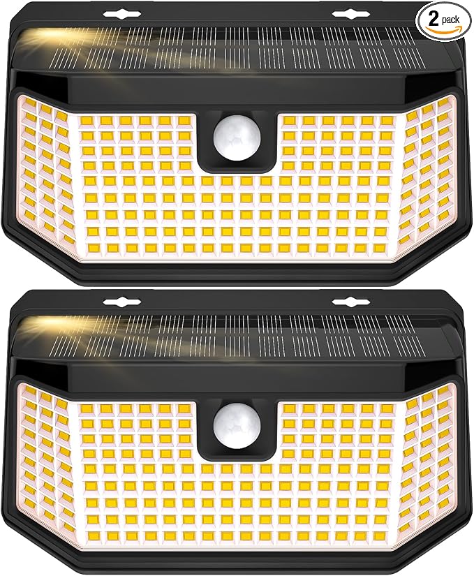 Aootek Solar Lights Outdoor 182 LEDs 2500Lm Warm White Solar Motion Sensor Lights IP65 Waterproof Wide Angle Lamp for Patio Garden Garage Yard Front Door (2-Pack)