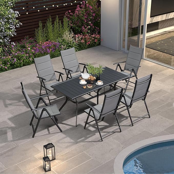 PURPLE LEAF 6-Person Outdoor Aluminum Dining Table with Height Adjustable Feet and Slatted Tabletop Large Rectangle Patio Table for Garden Porch Deck