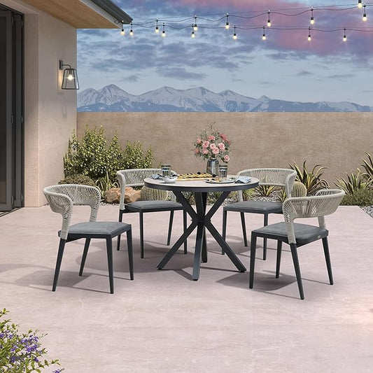 PURPLE LEAF 5 Pieces Outdoor Round Dining Set Aluminum Rattan Wicker Patio Table and 4 Chairs for Lawn Garden Porch Grey