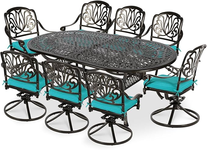 VIVIJASON 9-Piece Patio Furniture Dining Set, All-Weather Cast Aluminum Outdoor Conversation Set, Include 8 Swivel Dining Chairs and an Oval Table with Umbrella Hole, Ocean Blue Cushion