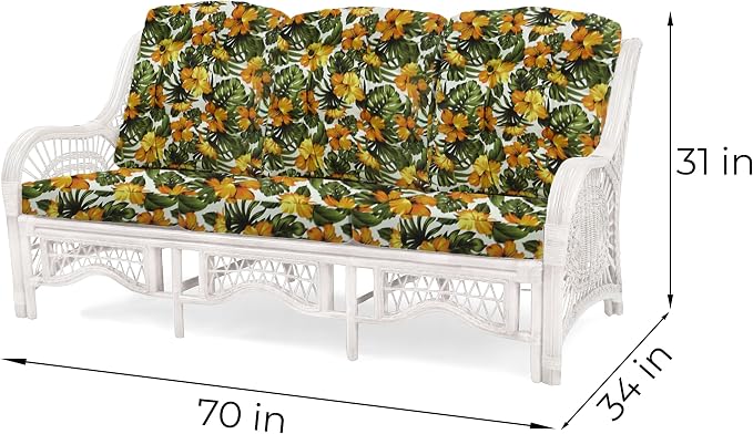 Malibu Lounge Set of 4: 2 Natural Rattan Wicker Chairs, Three-Seater Sofa with Floral Cushions and Coffee Table with Glass Handmade, White Color