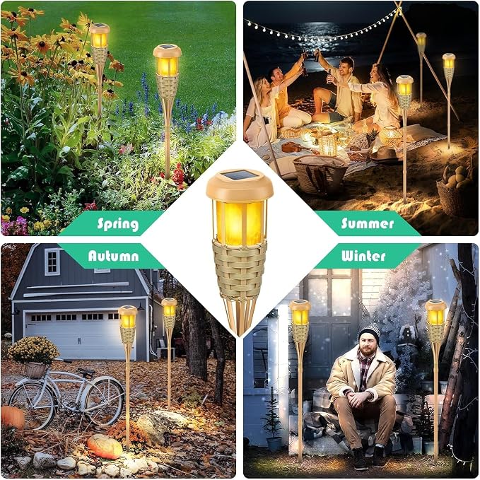 Flickering Flames Solar Powered Lights - Upgraded Solar Torches Waterproof Outdoor Decorative Lighting Auto On/Off, Handmade Bamboo Finish, 2-Pack