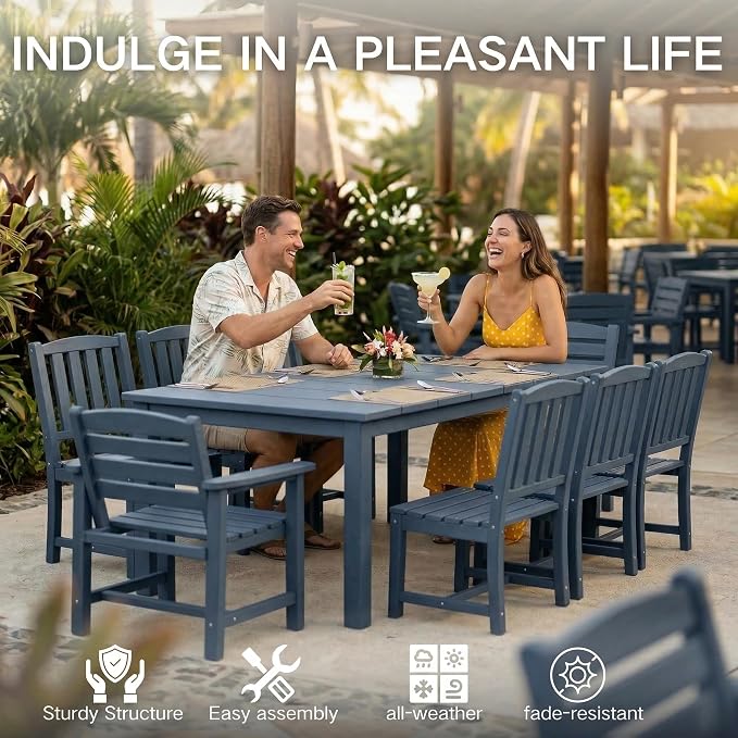 Kingdura 7 Piece Patio Dining Set for 6, 75.2'' HDPE Outdoor Dining Table Set with 2" Umbrella Hole, Weather-Resistant Outdoor Furniture, Table and Chairs Set for Backyard Pool Garden, Navy Blue