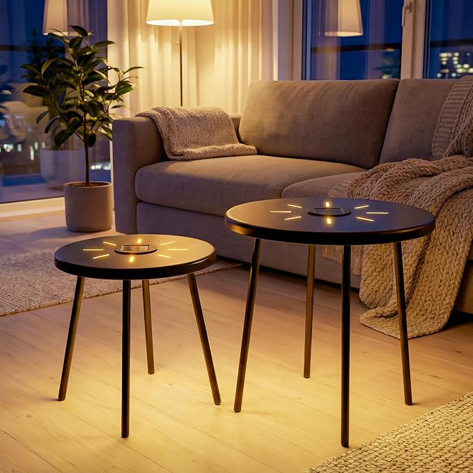 Solar Nesting Side Table Set of 2, Modern Black Metal Wire Round End Tables with Dusk to Dawn LED Light & On/Off Switch, Industrial Accent Tables for Patio, Balcony, Living Room, Garden (Solar 1)