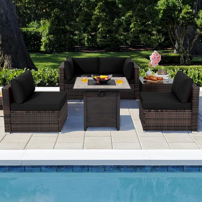 Tangkula 6 Piece Outdoor Rattan Sofa Set with 30in Propane Gas Fire Table, Ceramic Fire Tabletop, 50,000 BTU Heat Output, Cushions & Fire Pit Dust Cover, Patiojoy Weatherproof Wicker Set (Black)