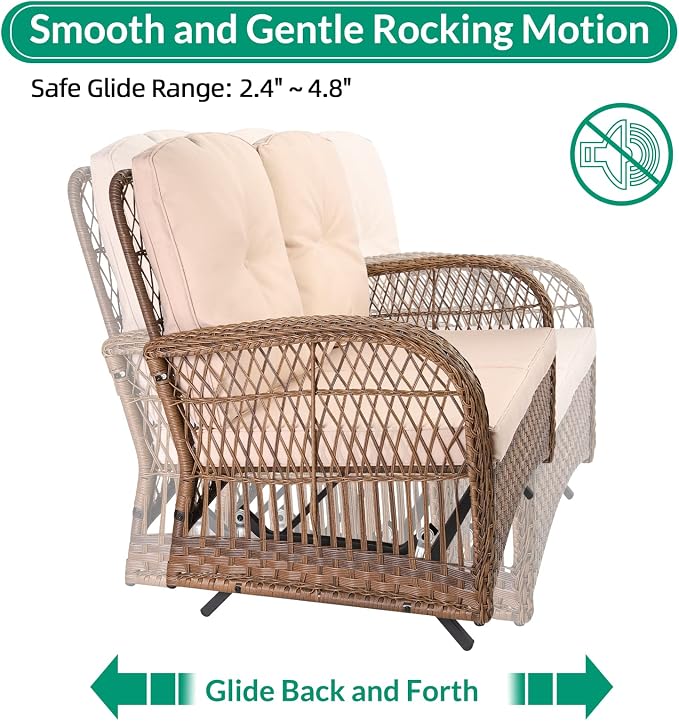 VIVIJASON 5-Piece Outdoor Patio Wicker Conversation Sets, All Weather Outdoor Rattan Furniture Set Includes Glider Loveseat, 2 Coffee Table, 2 Swivel-Gliders Chairs with Cushions, Light Brown