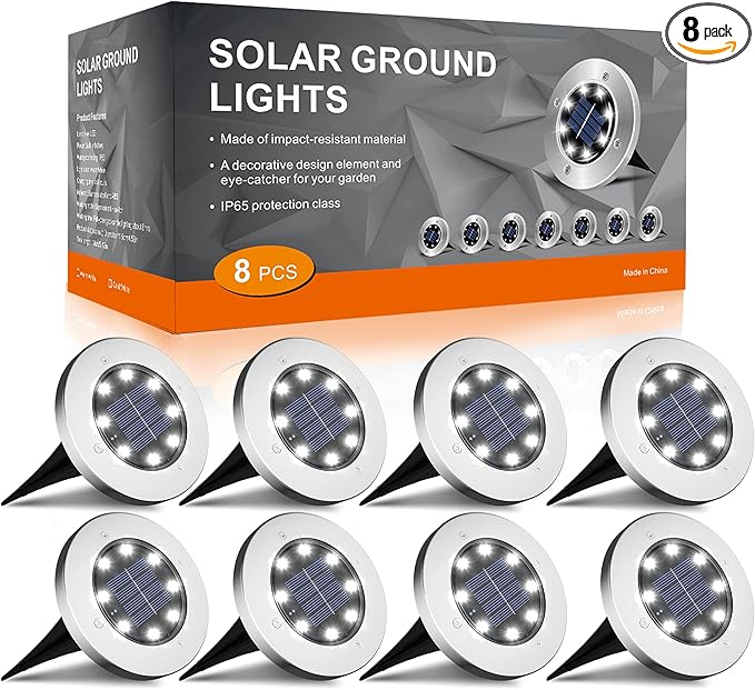 INCX 8Pack 4.6Inch Solar Ground Lights Outdoor, IP65 Waterproof, Cold White | 8 LEDs, 600mAh Ni-MH battery, 8-10 hr runtime, stainless steel and ABS body, garden lights for pathways, lawns and driveways
