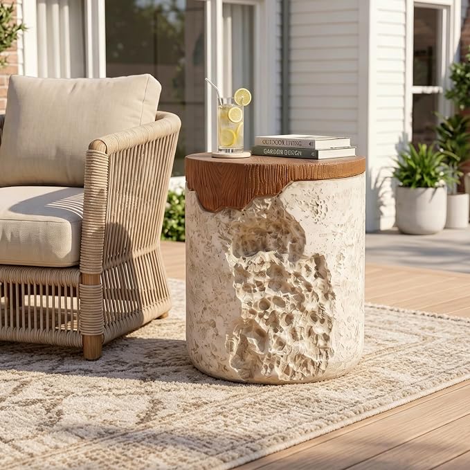 Merax Outdoor Patio Side Table, Modern MGO Round Accent End Table with Beige Textured Base & Faux-Wood Grain Top, Sculptural Design, 19" Height Side Table for Poolish Garden Balcony