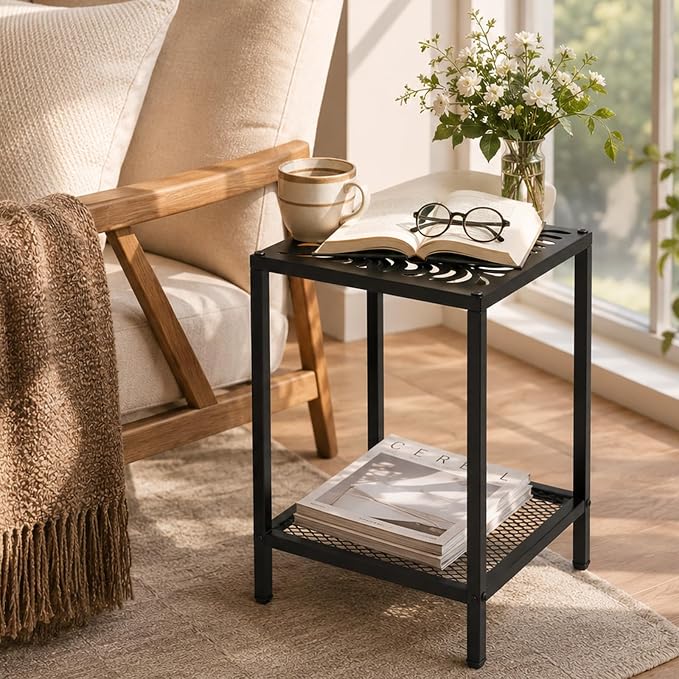 2-Tier Metal Side Table Square Small End Table with Storage Shelf Laser-Cut Leaf Pattern Accent Table Indoor Outdoor Small Space Coffee Table for Living Room, Bedroom, Patio, Plant Stand, Black