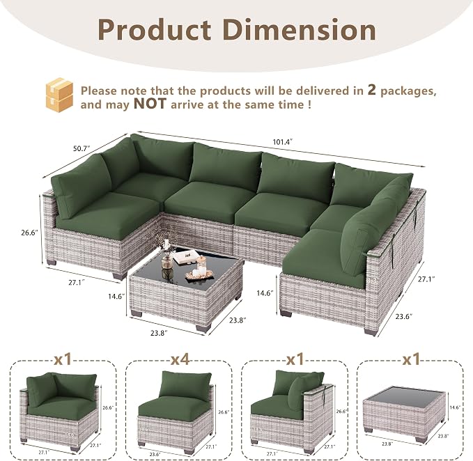 LOUVIXA 7 Piece Outdoor Patio Furniture Set, Outdoor Sectional Sofa, Wicker Rattan Patio Furniture, Patio Conversation Set with Coffee Table & Cushions